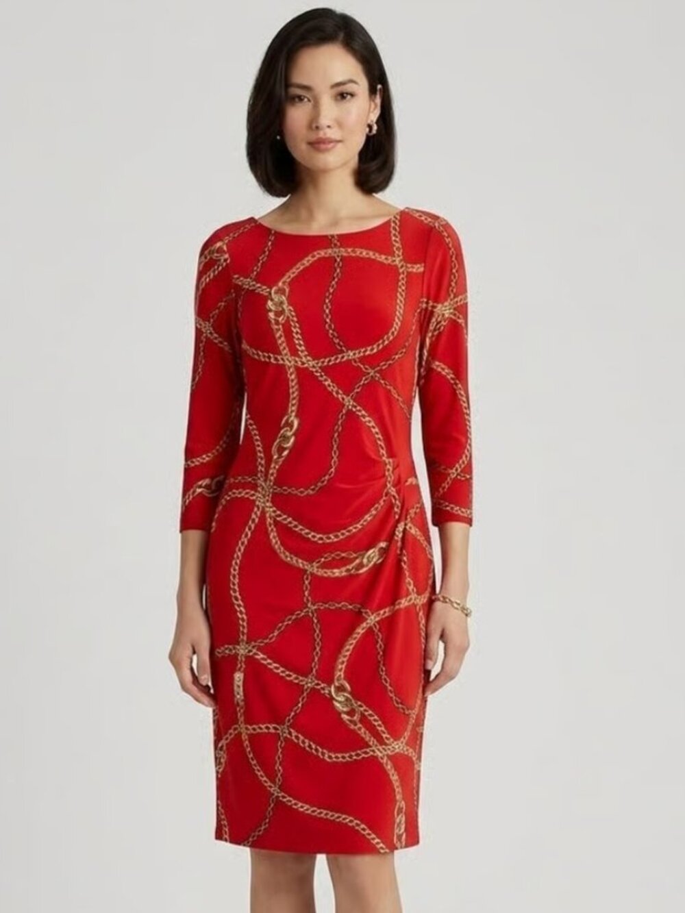 Ralph Lauren red chain-print sheath dress with side-ruched silhouette Size 10